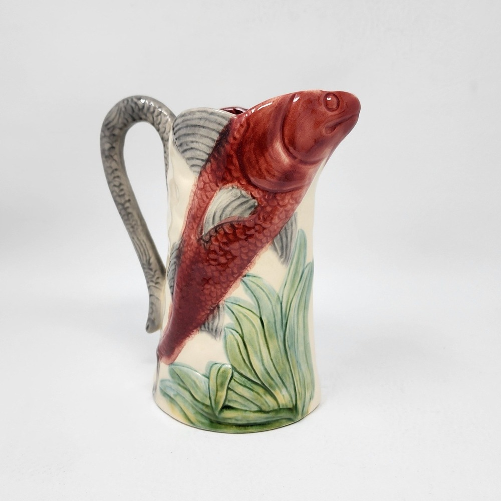 Antique FFAS French Majolica Fish Pitcher Red Trout 7" Tall Art Nouveau Rare